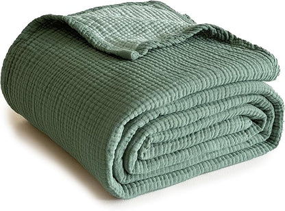 Simple&Opulence 100% Cotton Muslin Blanket Queen Size, Lightweight Breathable 4 Layering Gauze Blanket for Bed Couch Camping, Soft Bedspread Coverlet All-Season Use (Sage Green, 88" x 92")