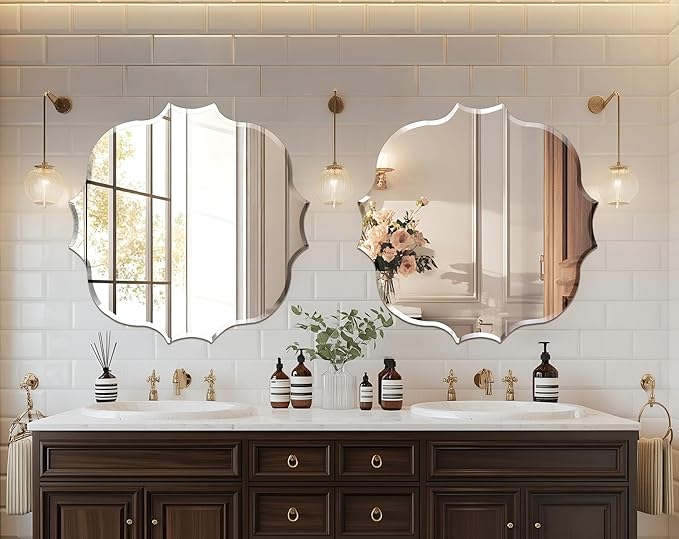 Frameless Scalloped Wall Mirror: Decorative Scallop Round Mirrored Glass Vanity with Beveled Silver Edge for Bathroom Bedroom Livingroom Dining Room Entryway Hallway, 32 x 32 inch
