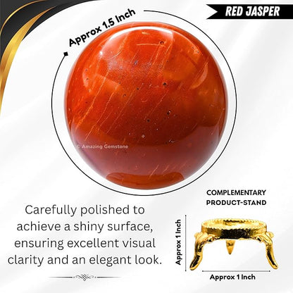 Amazing Gemstone Red Jasper Crystal Ball with Stand - 1.5 Inches Crystal Sphere Meditation Balls for Witchcraft and Decorative Balls