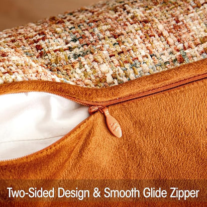 a moment Fall Rust Orange Reversible Pillow Covers 2 Pack - Farmhouse Chenille Throw Pillows, Neutral Textured Decorative Throw Pillow Covers with Border for Couch Sofa Bed (20x20 Inch, No Insert)