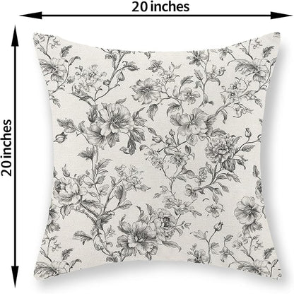 Black and Cream Pillow Covers 20x20 Set of 2 Vintage Floral Chinoiserie Throw Pillows Rustic Toile Flower Decorative Pillow Cases Outdoor Chinoiserie Decor Linen Cushion Case for Couch Sofa