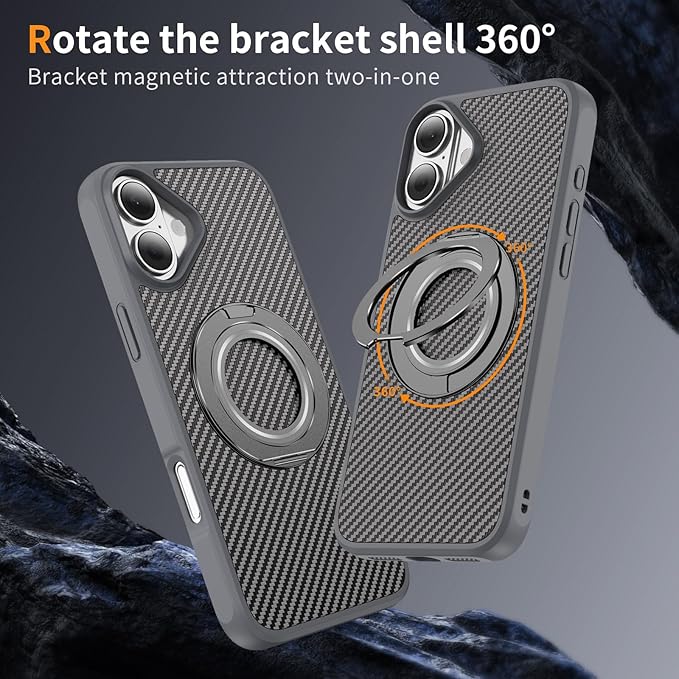 Mag-Stand Carbon Fiber Case for iPhone 17, 360° Rotate Magnetic Stand, Compatible with MagSafe, 15FT Military Protection, Slim Shockproof Magnetic Kickstand Mag Phone Case for Men Women Gray