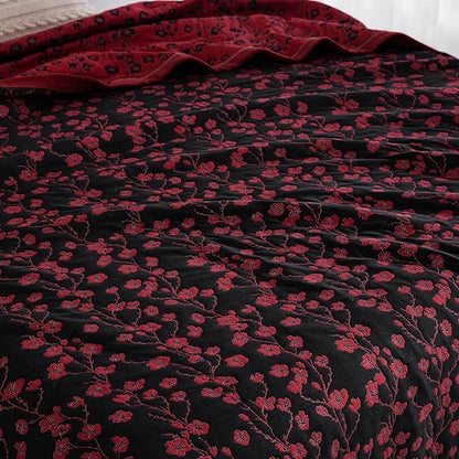 100% Cotton Muslin Jacquard 2 Piece Quilt Set Floral Plum Blossom Print, Soft 3 Layers Gauze Bed Cover Reversible Bedspread Coverlet Breathable Lightweight Bedding Set, Twin