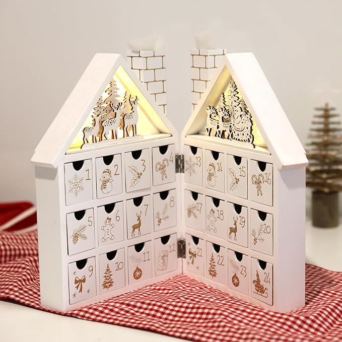 Wooden Christmas Advent Calendar House with 24 Drawers and Led Lights Countdown Calendars for Christmas Decoration 2023, Candy Box (White Forest)