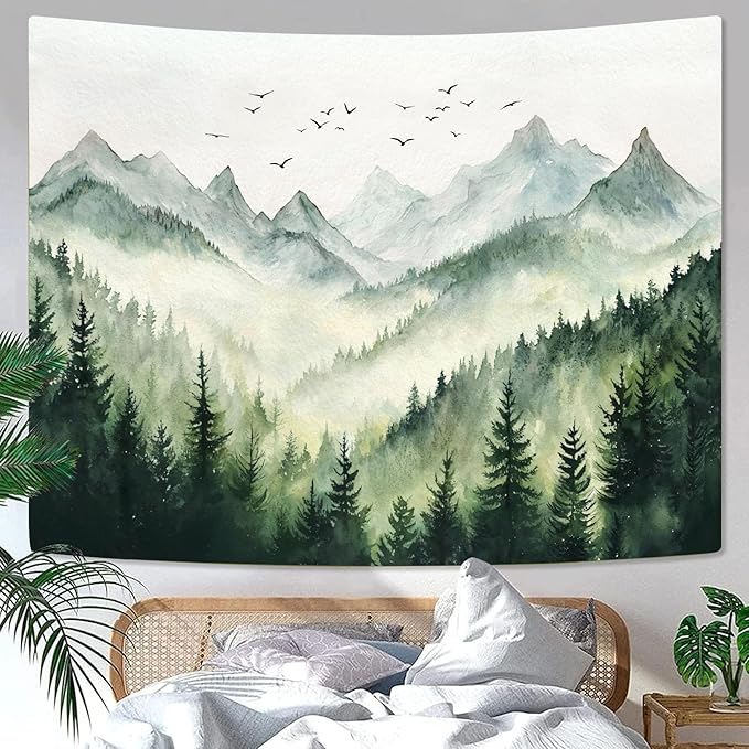 kampdream Landscape Tapestry, Scenery Art Wall Tapestries, Nature Wall Decor for Bedroom Living Room Backdrop Green Watercolor Mountain 44×60 inches