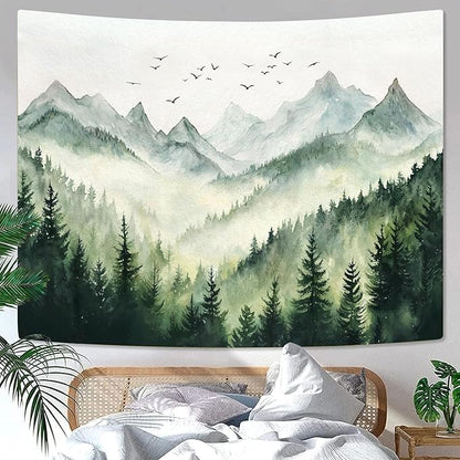 kampdream Landscape Tapestry, Scenery Art Wall Tapestries, Nature Wall Decor for Bedroom Living Room Backdrop Green Watercolor Mountain 44×60 inches