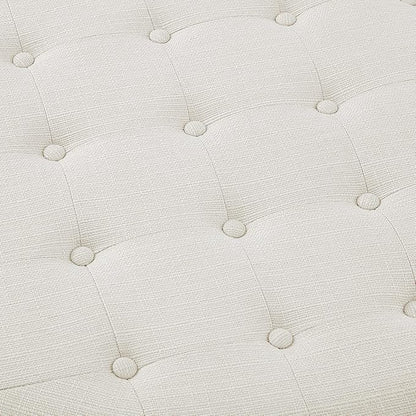 24KF Large Round Upholstered Tufted Linen Ottoman Coffee Table, Large Footrest Ottoman with Wood Shelf Storage-Ivory