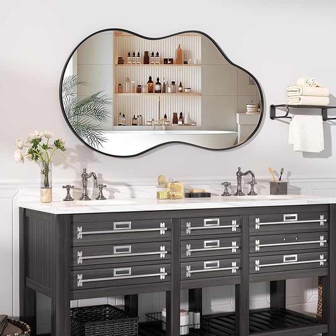 Hasipu Irregular Wall Mirror - 25"x45" Asymmetrical Mirror, Modern Decorative Mirrors for Living Room, Entryway, Hallway, Bathroom, Bedroom,Wall Mounted Home Decor (Black)
