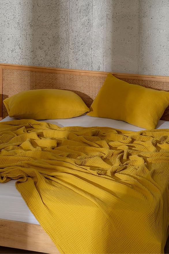 Muslin Blanket - Pure 100% Turkish Cotton Airy Soft Light Versatile Gauze Throw Blanket for Bed, Couch, Sofa (Mustard Yellow, Queen XL Size (95" x 95" inch))