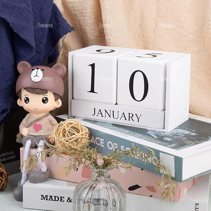AUEAR, Wooden Block Perpetual Desk Calendar Desktop Cube Rustic Chic Number for Home Office Decoration Large (White)