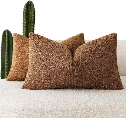 Foindtower Pack of 2 Textured Boucle Throw Pillow Covers Accent Solid Decorative Lumbar Pillow Cases Cozy Couch Cushion Case for Chair Sofa Bedroom Living Room Home Decor 12x20 Inch Hazel Brown