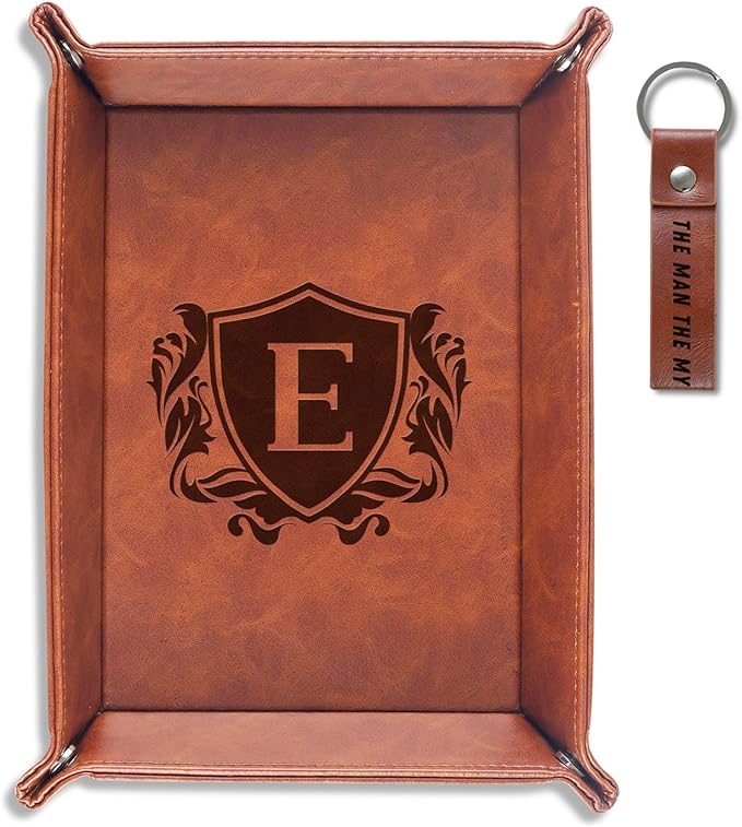 INNObeta Initial Valet Tray, Desktop Storage Organizer, PU Leather Bedside Tray Key Coin Holder, Personalised Gifts for Men, Birthday, Christmas, Letter E