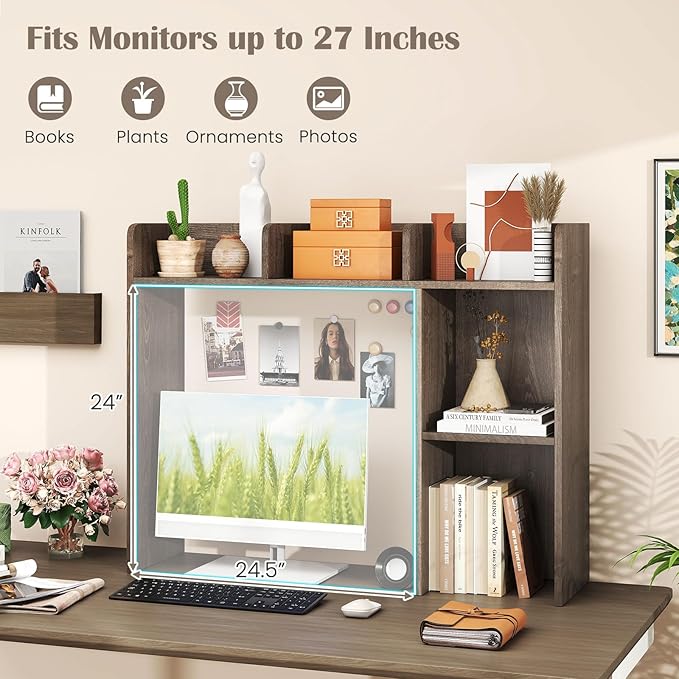 Desktop Bookshelf, 3-Tier Wood Countertop Bookcase with 5 Shelves, Desk Hutch for College Dorm, Multipurpose Desk Organizer Shelf Display Rack for Home Office, Hutch Top Only