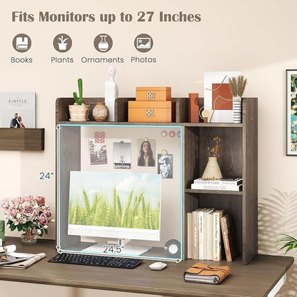 Desktop Bookshelf, 3-Tier Wood Countertop Bookcase with 5 Shelves, Desk Hutch for College Dorm, Multipurpose Desk Organizer Shelf Display Rack for Home Office, Hutch Top Only