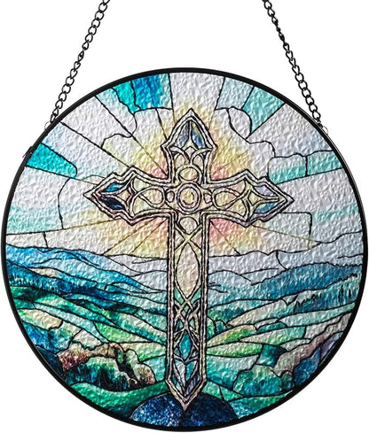 Sun Catcher Stained Glass Window Hanging 8 inch Green Cross Suncatcher Wall Art Home Decor Sun Catchers Decoration for Garden Home Housewarming Gifts