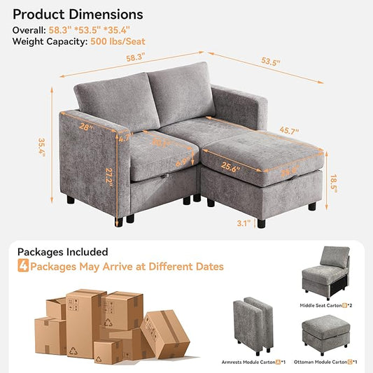 58”Modular Sectional Loveseat Sofa with Storage, Comfy Office L Shaped Sofa Couch, Chenille Love Seat Modular Sectional Couch with Movable Ottoman for Living Room, Bedroom, Light Grey