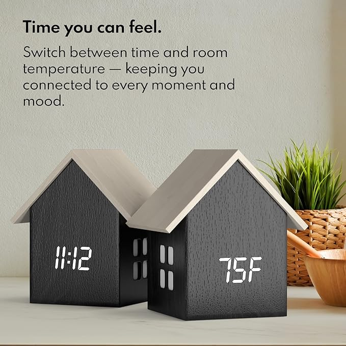 Driini Digital House Shaped Alarm Clock with Temperature Display (Dark Wood) – Modern Aesthetic with Cute Cube Frame and White LED Dimmer - Perfect Large Desk Clock for Bedside Table or Bedroom Mantle