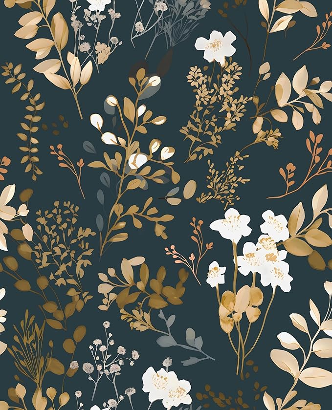 Navy Floral Wallpaper Peel and Stick Boho Wallpaper Vintage Blue/Gold Leaf Contact Paper Waterproof Self Adhesive Modern Wall Paper for Cabinet Walls Kitchen 17.5" x197"