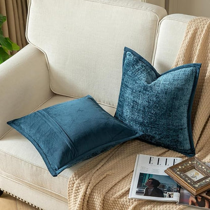 Yaertun Pack of 2 Chenille Textured Decorative Throw Pillow Covers Accent Solid Cushion Cover Soft Cozy Pillow Case with Velvet Back for Couch Sofa Bed Living Room 24x24 Inch Blue
