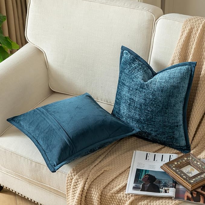 Yaertun Pack of 2 Chenille Textured Decorative Throw Pillow Covers Accent Solid Cushion Cover Soft Cozy Pillow Case with Velvet Back for Couch Sofa Bed Living Room 16x16 Inch Blue