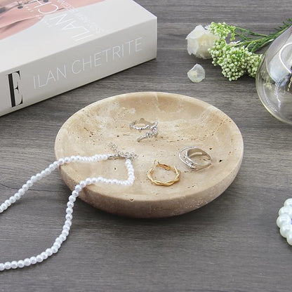 Small Natural Marble Jewelry Tray Key Plate Holder Dish Trinket Decor Catch All Bowl for Ring Earring Stone Gift for Women Daugther,Beige Travertine