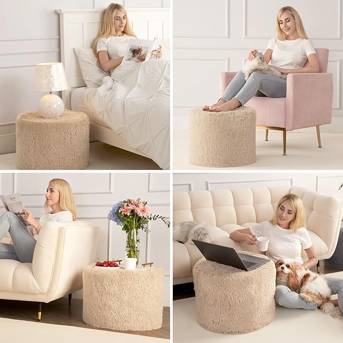 Hansleep Pouf Ottoman Foam Filled 20 x 15, Faux Fur Round Ottoman Foot Rest for Chair with Washable Cover, Foot Stools Under Desk for Living Room & Bedroom, Brown