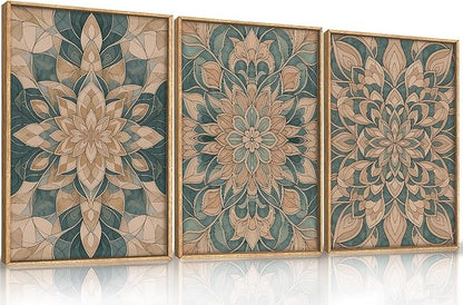 HLNIUC Large Mandala Flower Wall Art Set of 3, Green Scandinavian Botanical Framed Wall Decor(24x36),Norwegian Folk Art Canvas, Bohemian Mexican Vintage Plant Print for Living Room, Bedroom, Office