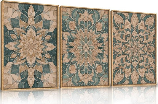 HLNIUC Mandala Flower Wall Art Set of 3, Green Scandinavian Botanical Framed Wall Decor(16x24),Norwegian Folk Art Canvas, Bohemian Mexican Vintage Plant Print for Living Room, Bedroom, Office