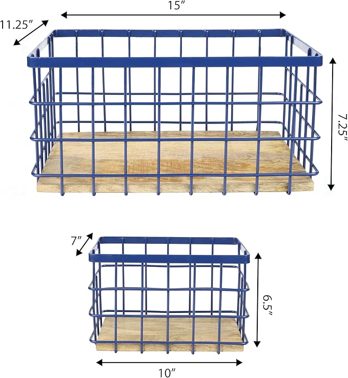 happimess BSK3004D-3SET Evvie Vintage Farmhouse Wire Metal Nesting Storage Baskets with Wood Base for Shelves, Cabinets, Pantry, Countertop, Mesh Open Bin Basket, Navy/Natural (Set of 3)