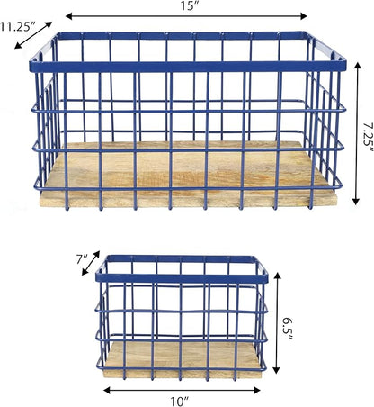 happimess BSK3004D-3SET Evvie Vintage Farmhouse Wire Metal Nesting Storage Baskets with Wood Base for Shelves, Cabinets, Pantry, Countertop, Mesh Open Bin Basket, Navy/Natural (Set of 3)