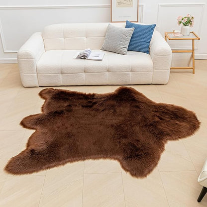 Brown Bear Rug Faux Cowhide Rug Animal Print Area Rug Faux Sheepskin Fur Carpet Decor for Living Room Brown 5.1x6.1 Feet