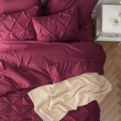 Bedsure Twin Comforter Set Burgundy - Bed in a Bag Twin Size Bedding 5 Pieces, GentleSoft™ Pintuck Bed Set Gift for Family, Pinch Pleat Burgundy Comforter with Sheets, Pillowcase & Sham