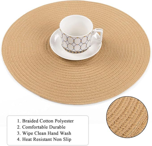 SHACOS 15 inch Round Braided Placemats Set of 6 Non Slip Heat Resistant Round Table Mats Fabric Place Mats for Dinner Party Table Decoration (Camel, 6)