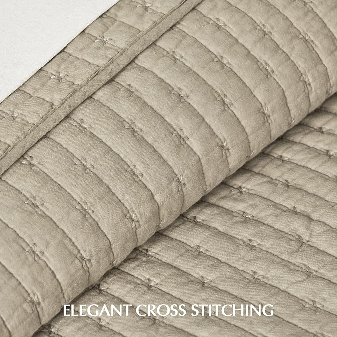 EVERGRACE Cross Stitch Pre-Washed Cotton Quilt Bedding Set Queen Size, Oversized 3 Pieces Lightweight Bedspread Coverlet for All Season, with 2 Matching Shams, Driftwood, 92"x96"