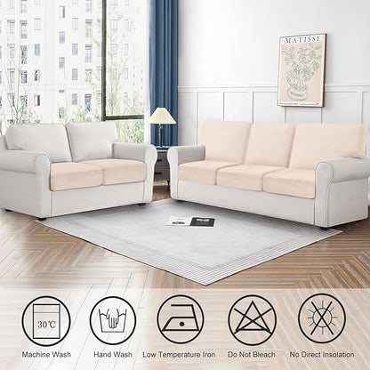 Couch Cushion Cover Velvet 3 Pieces Seat Cushion Cover Stretch Sofa Covers Separate Sectional Sofa Slipcovers Furniture Protector (3-Seater or Backrest, Beige)