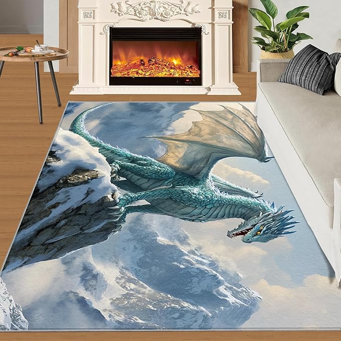 Dragon Area Rug 2x3 Washable Rug Fantasy Animals Rugs for Living Room Winter Landscape Non Slip Carpet Floral Print Mat Bedroom Bathroom