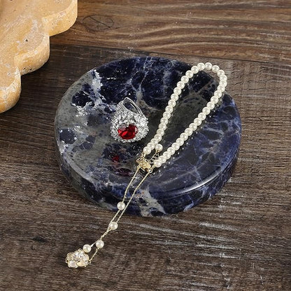 Koville Marble Jewelry Dish, Small Round Trinket Dish for Ring Necklace Earring, 4" Decorative Dish, Aesthetic Home Table Decor, Natural Stone Soap Dish for Bathroom Kitchen((Blue)