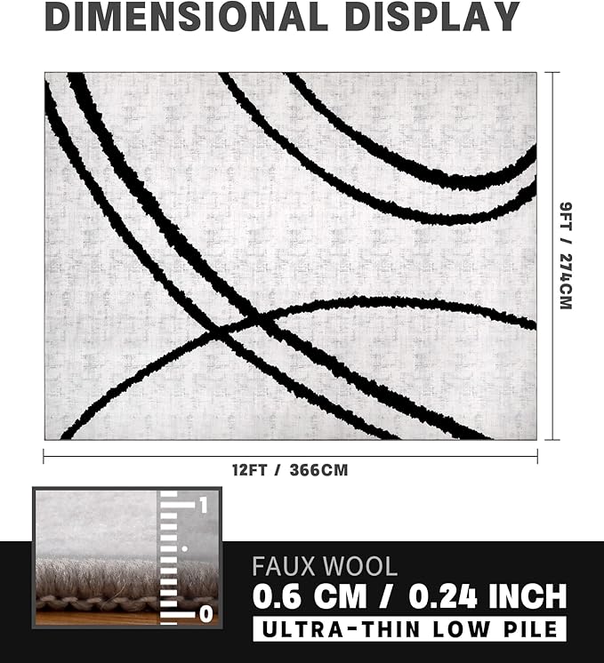 YIHOUSE Modern Area Rugs for Living Room, 9x12 Washable Black and White Rug, Thin Abstract Geometric Striped Rug, Area Rug for Bedroom,Kitchen,Dining Room,Office