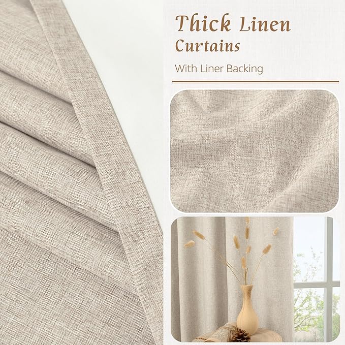 LAMIT Linen 100% Blackout Window Curtains for Bedroom, 45 Inches Linen Textured Thermal Farmhouse Curtains Back Tab and Rod Pocket Window Panels with White Liner, 2 Panels, 52 x 45 Inch, Oatmeal