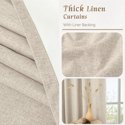 LAMIT Natural 100% Blackout Linen Curtains, 54 Inches Linen Textured Thermal Bedroom Drapes Back Tab and Rod Pocket Neutral Panels with White Liner for Small Window, 2 Panels, 42 x 54 Inch, Oatmeal