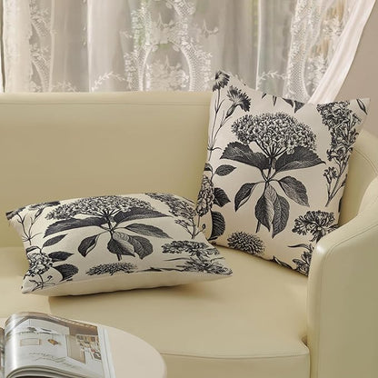 Black Pillow Covers 20x20 Set of 2 Vintage Boho Floral Hydrangea Herbs Botanical Throw Pillow Cover Outdoor Flower Decoration Pillowcase Linen Farmhouse Cushion Case Decorative for Couch Sofa