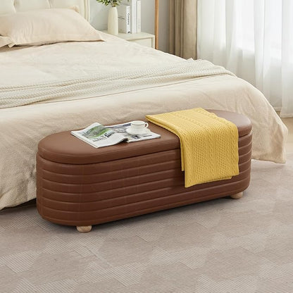 53" Storage Bench PU Leather Ottoman Bench Upholstered Bench End of Bed Stool with Safety Hinge for Bedroom, Living Room, Entryway, Brown