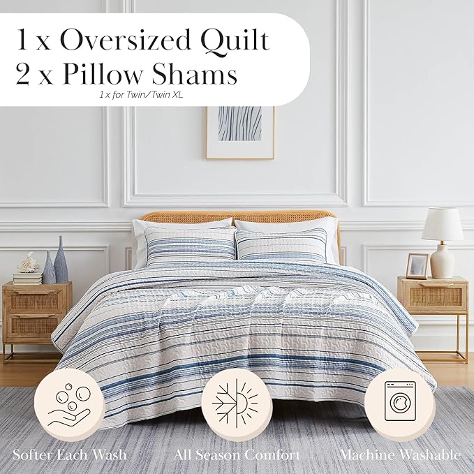 Southshore Fine Living, Inc. Oversized King Quilt Set, All Season Striped Blue Bedspread Set, 3-Piece Coastal Bedding, California/King Coverlet Sets with Shams, Soft Microfiber Quilt, Blue Stripes