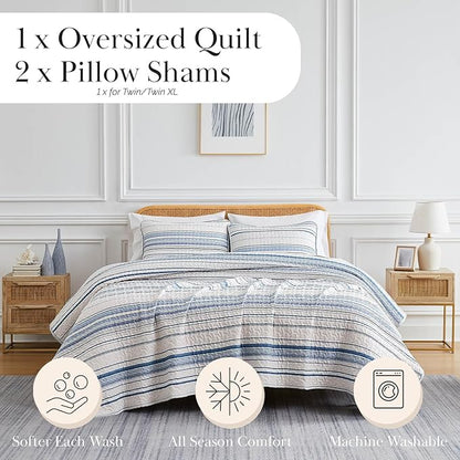 Southshore Fine Living, Inc. Oversized King Quilt Set, All Season Striped Blue Bedspread Set, 3-Piece Coastal Bedding, California/King Coverlet Sets with Shams, Soft Microfiber Quilt, Blue Stripes
