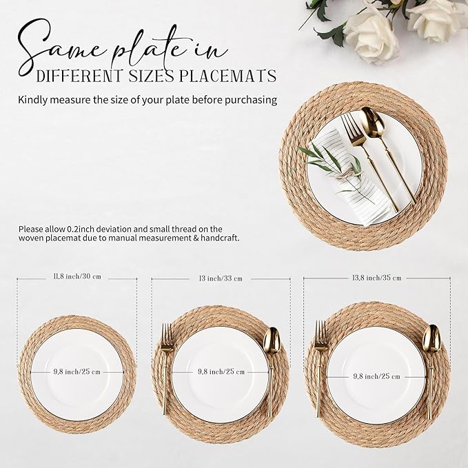 Round Woven Placemats Set of 6, Natural Water Hyacinth Place mats, 12 inch Rattan Placemats Wicker Placemats Farmhouse Boho Braided Heat Resistant Outdoor Placemat Patio Table Place Mats