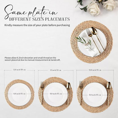 Round Woven Placemats Set of 6, Natural Water Hyacinth Place mats, 12 inch Rattan Placemats Wicker Placemats Farmhouse Boho Braided Heat Resistant Outdoor Placemat Patio Table Place Mats