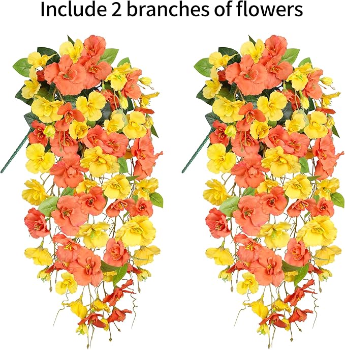 HyeFlora Hibiscus Fall Flowers Artificial Hanging Flowers Plants for Outdoors Autumn Decoration, 2pcs Silk Hibiscus Vines Realistic UV Resistant Faux Flowers for Outside Planters Yard Garden Home, Mix