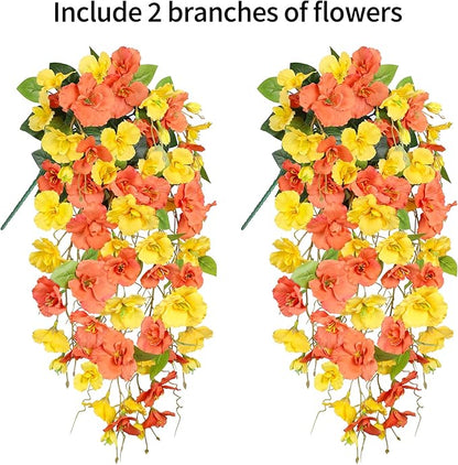 HyeFlora Hibiscus Fall Flowers Artificial Hanging Flowers Plants for Outdoors Autumn Decoration, 2pcs Silk Hibiscus Vines Realistic UV Resistant Faux Flowers for Outside Planters Yard Garden Home, Mix
