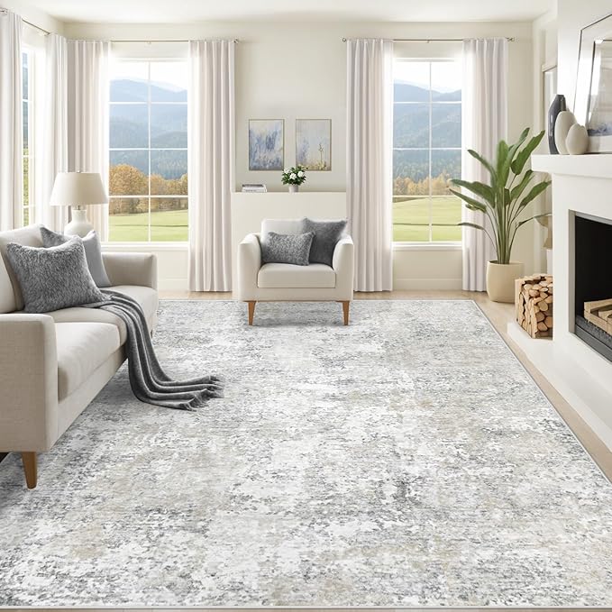 8x10 Area Rugs for Living Room, Washable Modern Abstract Large Area Rug Neutral Soft Non Slip Kids Rug Stain Resistant Indoor Carpet for Bedroom Dining Room Playroom Home Office(Beige Grey, 8'x10')