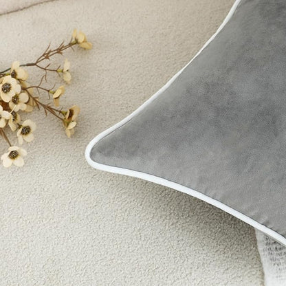 LIGICKY Set of 2 Grey Velvet Lumbar Pillow Covers Modern Minimalist Style Solid Decorative White Rope Edging Soft Rectangle Cushion Cases for Sofa Bedroom Party Décor, 12 x 20 inch